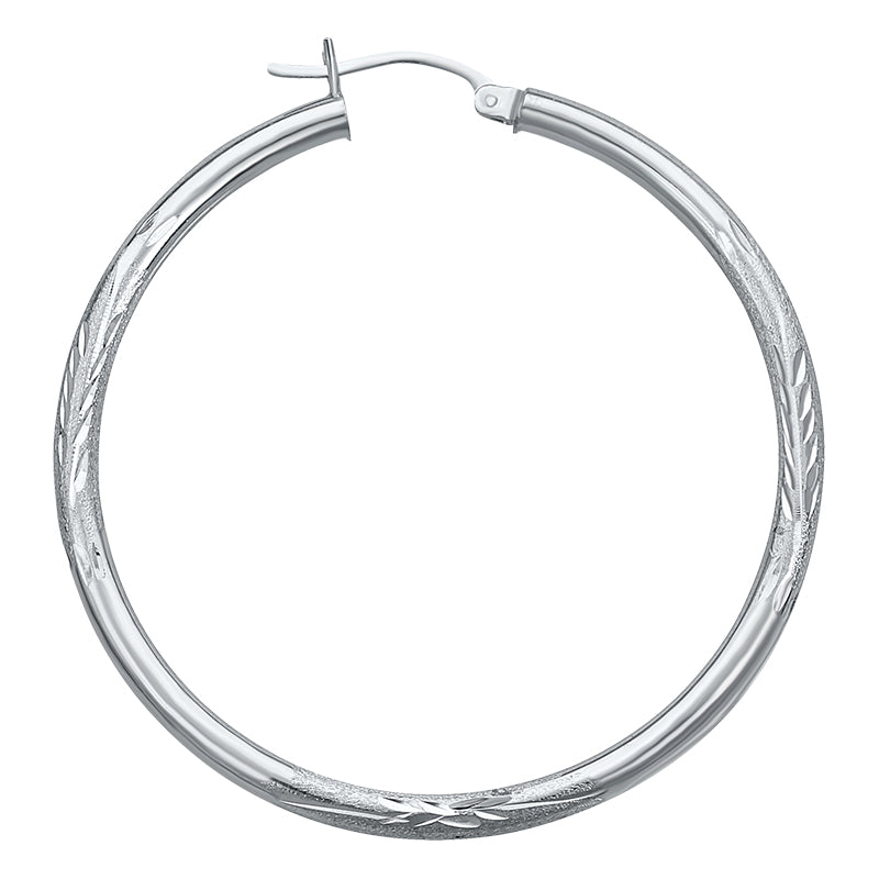 14K White Gold Satin Hoops Earrings- 1.50 Inch