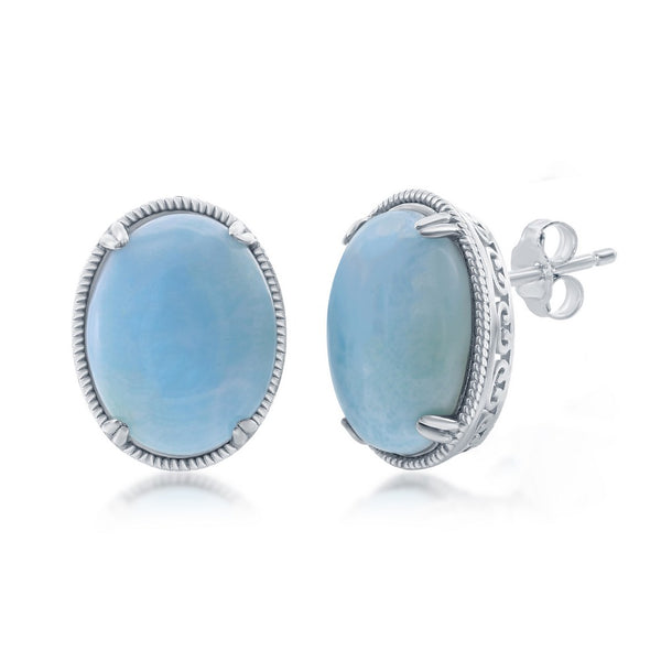 Sterling Silver Oval Larimar Filigree Design Stud Earrings